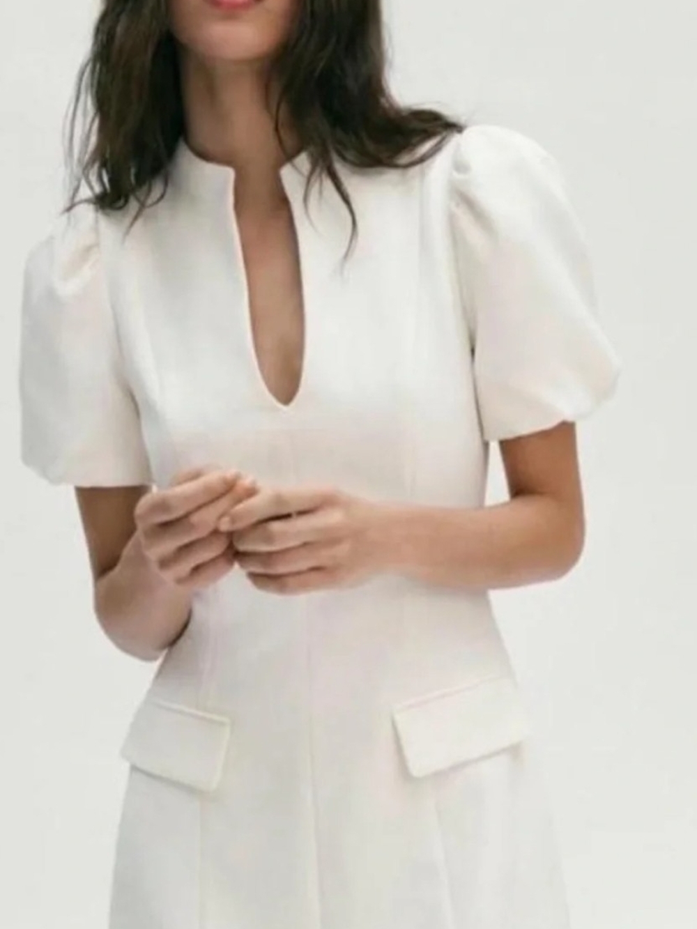 Zara Cream Puff-Sleeve Keyhole Dress
